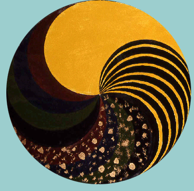 This is a circular device, exactly like the monad            of Yin-Yang as curved lines without white and dark fill.  The            design is duplicated on top at the same size so that the            complete figure is regular and consists of four blades joined at            the center in a curved cross.   The four divisions of the device are filled with the colors and patterns associated by the Order of the Golden Dawn with the Sephira Malkut.